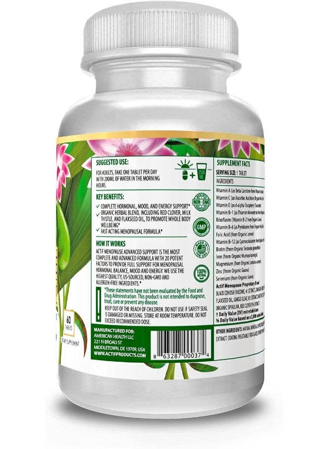Actif Menopause Advanced Support with 20+ Organic Vitamins and Herbs - Relieves Hot Flashes, Night Sweats - Non GMO, Fast Acting, Made in USA, 60 Count - Image 4