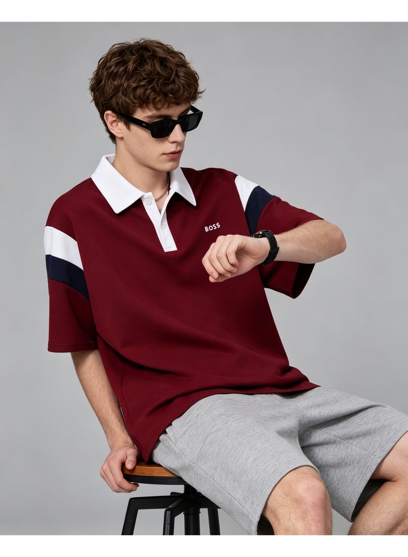 BOSS Unisex Color Block Short Sleeve Polo Shirt, Maroon Base with White Collar, Summer Casual Lapel Top For Men And Women, Oversized Fashion Daily Polo - Image 3
