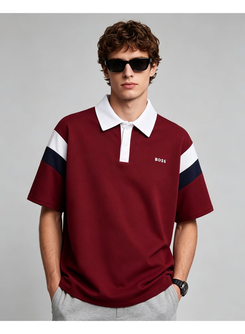 BOSS Unisex Color Block Short Sleeve Polo Shirt, Maroon Base with White Collar, Summer Casual Lapel Top For Men And Women, Oversized Fashion Daily Polo - Image 1