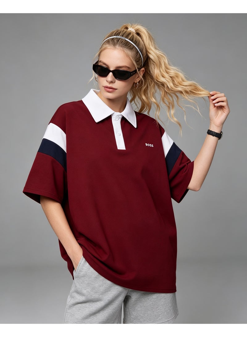 BOSS Unisex Color Block Short Sleeve Polo Shirt, Maroon Base with White Collar, Summer Casual Lapel Top For Men And Women, Oversized Fashion Daily Polo - Image 5