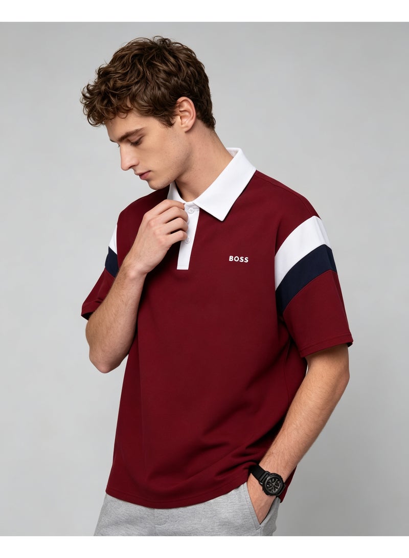BOSS Unisex Color Block Short Sleeve Polo Shirt, Maroon Base with White Collar, Summer Casual Lapel Top For Men And Women, Oversized Fashion Daily Polo - Image 2