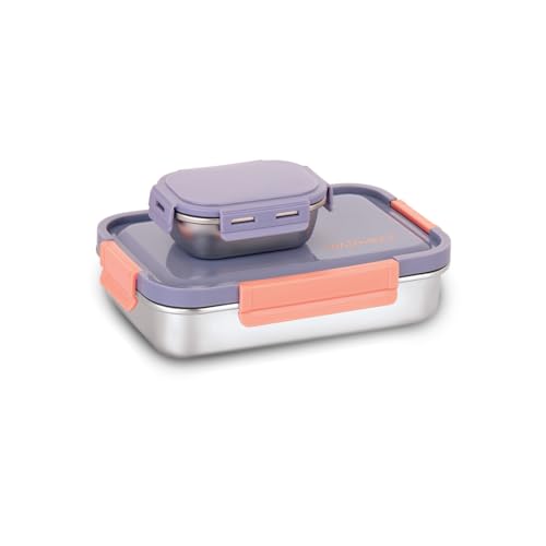 WARMEO Carnival Stainless Steel Airtight Leak-Proof Lunch Box, Light Weight, Easy to Clean, Perfect for Office, School, Picnic & Travelling, Set of 2 (800ml+150ml) Purple & Peach - Image 1