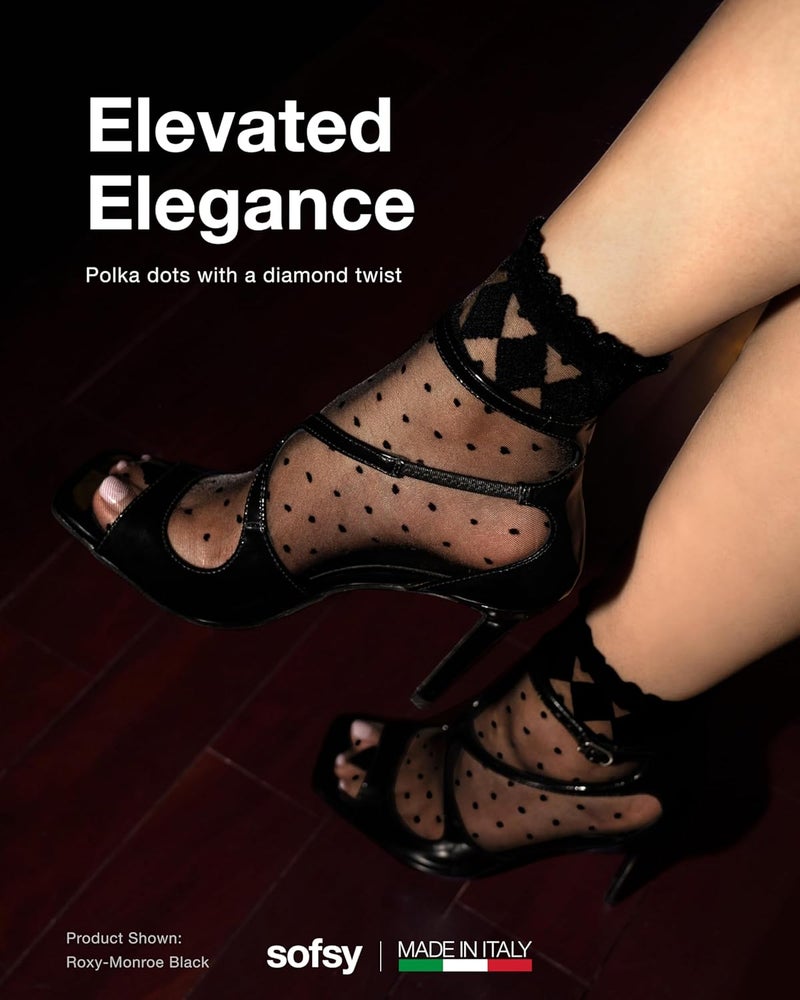 sofsy Italian Dotted Socks Collection (Ankle & Knee High) 20 Den Sheer Patterned Stockings with Ruffled Lace, Geometric Cuffs - Image 2