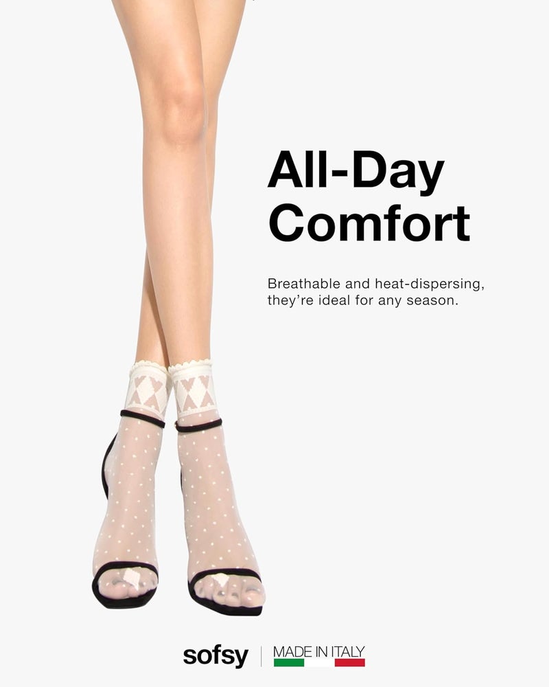 sofsy Italian Dotted Socks Collection (Ankle & Knee High) 20 Den Sheer Patterned Stockings with Ruffled Lace, Geometric Cuffs - Image 4