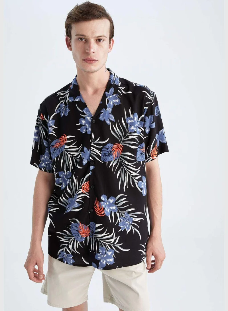 ديفاكتو Regular Fit Short Sleeve Floral Print Viscose Shirt