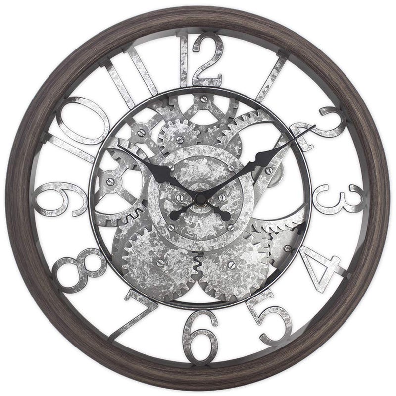 Presentime Presentime  Co 12 Farmhouse Gear Clock Silent no Ticking IndoorOutdoor Clock Weatherproof Grey Oak and Galvanized Finish Wall DcorOutdoor Dcor for Living Room Kitchen Garden and Patio 
