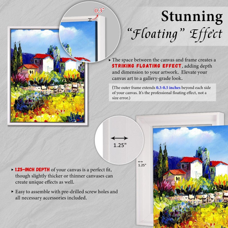 Prixas Print Floater Frame لـ 1.25 قماش سميك متوفر بحجم 25+ وإطارًا عائمًا مثاليًا للألوان اللوحة القماشية النهائية اللوحة الزيتية Art D؟ Cor (الإطار الأبيض 8 "" X10 "") - Image 3