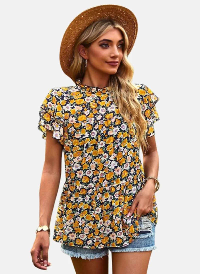 يونيكي Yellow High Neck Printed Top