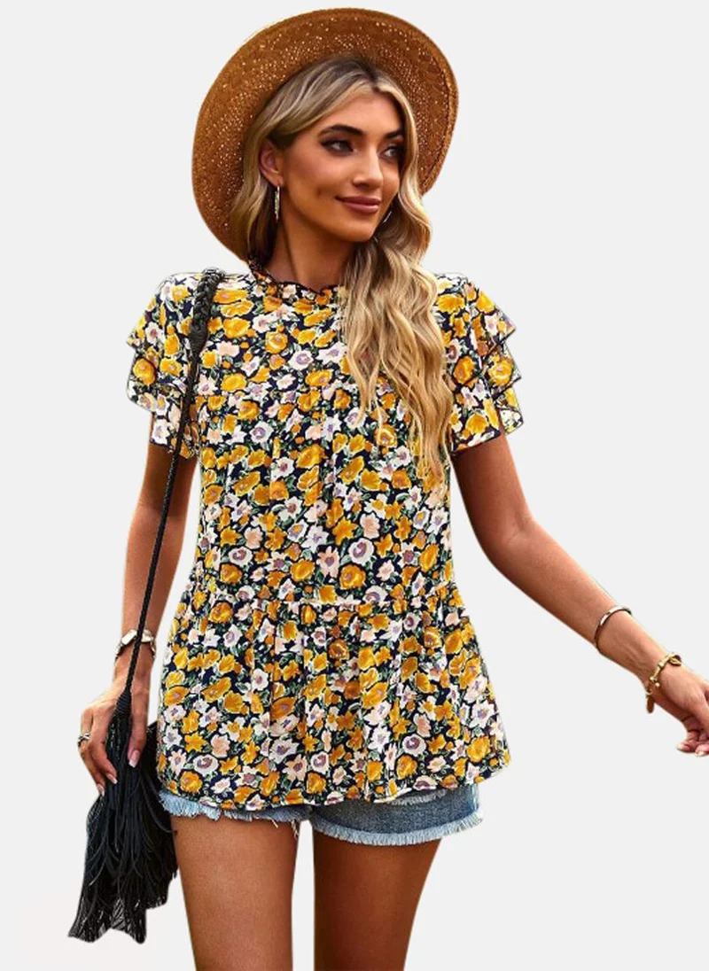 يونيكي Yellow High Neck Printed Top