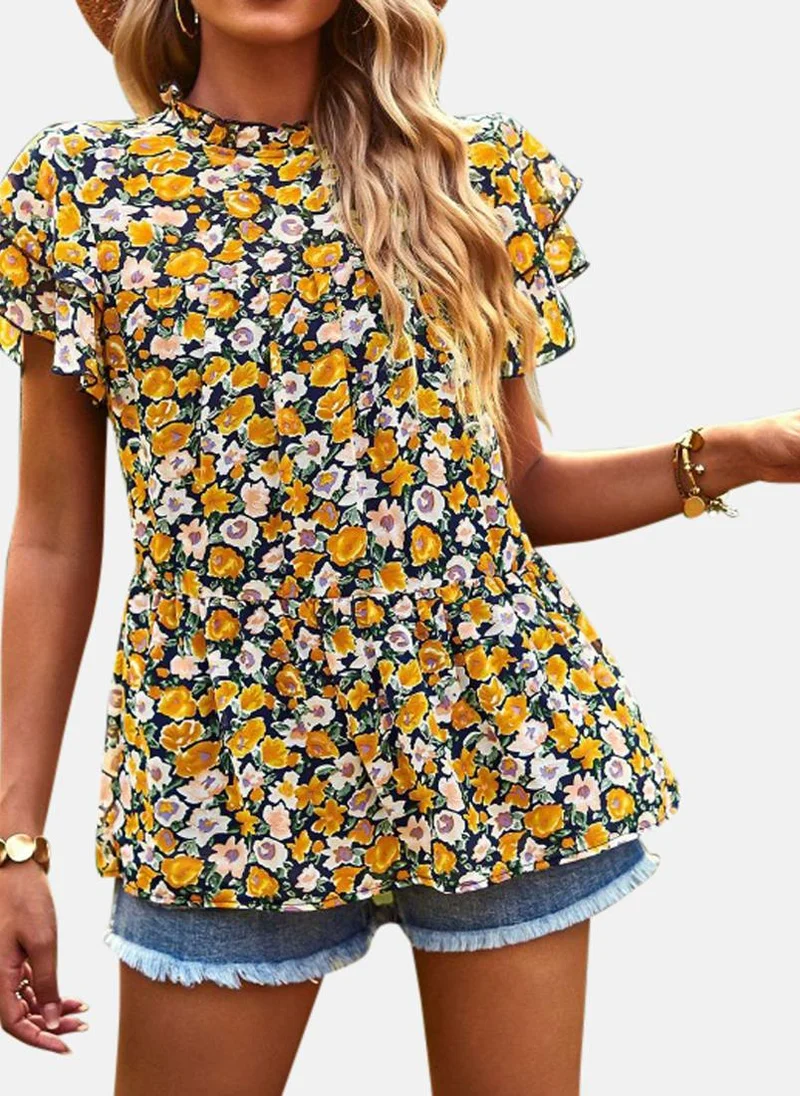 يونيكي Yellow High Neck Printed Top