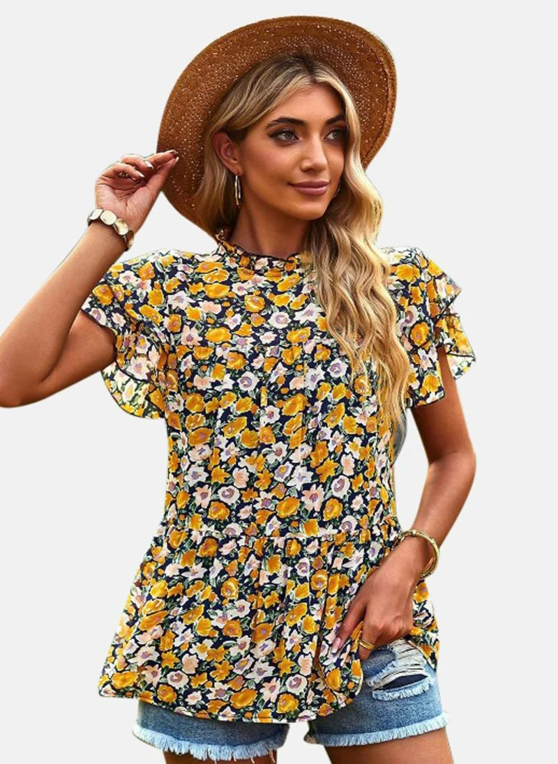 يونيكي Yellow High Neck Printed Top