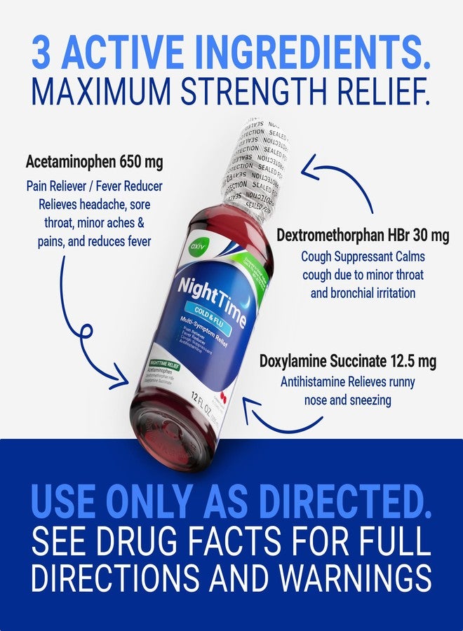 AXIV Nighttime Cold and Flu Relief Liquid Medicine, Multi-Symptom Relief, Pain Reliever, Fever Reducer, Cough Suppressant, Cherry Flavor, 12 fl. oz. - Image 3