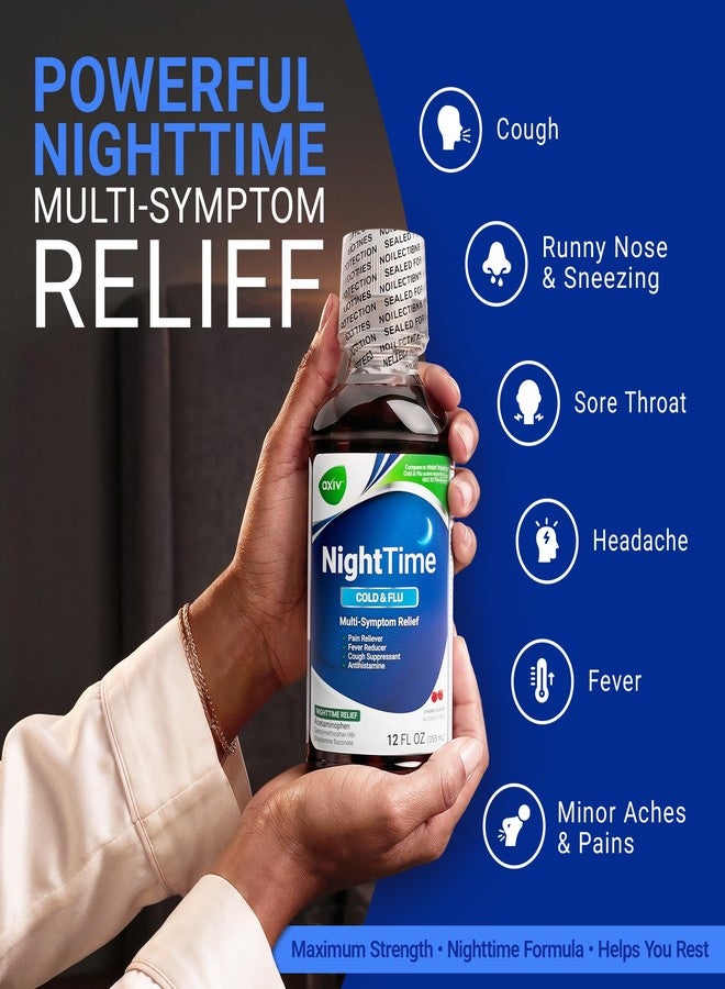 AXIV Nighttime Cold and Flu Relief Liquid Medicine, Multi-Symptom Relief, Pain Reliever, Fever Reducer, Cough Suppressant, Cherry Flavor, 12 fl. oz. - Image 2