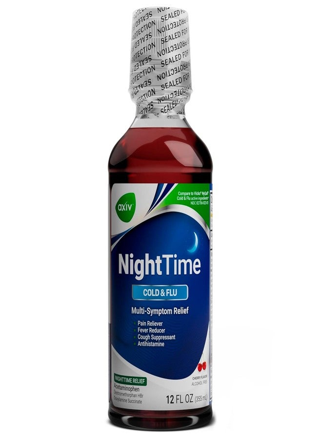 AXIV Nighttime Cold and Flu Relief Liquid Medicine, Multi-Symptom Relief, Pain Reliever, Fever Reducer, Cough Suppressant, Cherry Flavor, 12 fl. oz. - Image 1