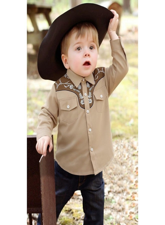 KEKEMI Kid Toddler Boys Cowboy Shirts Western Retro Button-Down Shirt Rodeo Party Long Sleeve Tops with Two Pockets Clothes(Khaki,6-7T) - Image 2