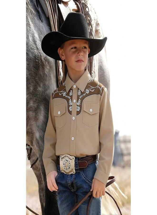 KEKEMI Kid Toddler Boys Cowboy Shirts Western Retro Button-Down Shirt Rodeo Party Long Sleeve Tops with Two Pockets Clothes(Khaki,6-7T) - Image 5