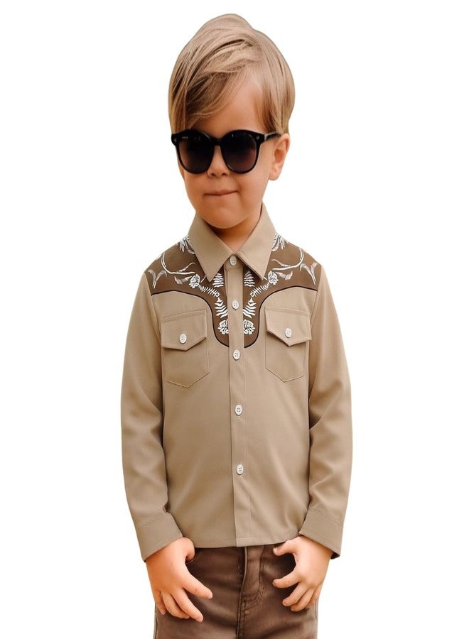 KEKEMI Kid Toddler Boys Cowboy Shirts Western Retro Button-Down Shirt Rodeo Party Long Sleeve Tops with Two Pockets Clothes(Khaki,6-7T) - Image 1