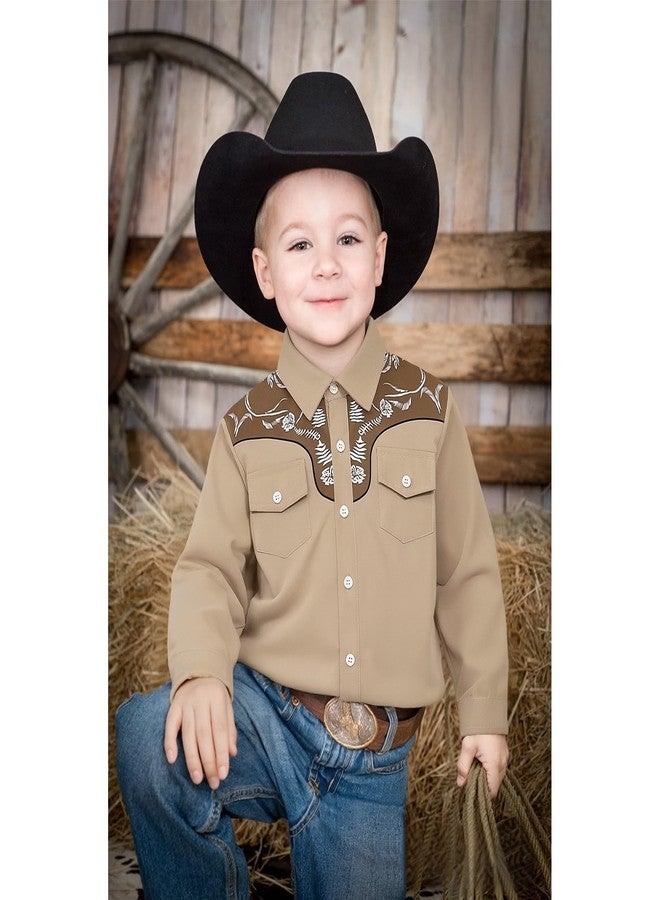 KEKEMI Kid Toddler Boys Cowboy Shirts Western Retro Button-Down Shirt Rodeo Party Long Sleeve Tops with Two Pockets Clothes(Khaki,6-7T) - Image 3