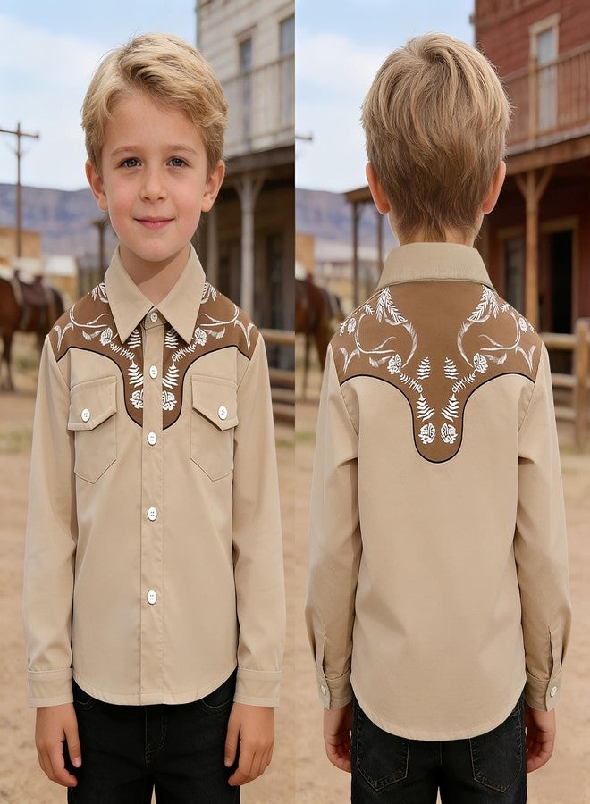 KEKEMI Kid Toddler Boys Cowboy Shirts Western Retro Button-Down Shirt Rodeo Party Long Sleeve Tops with Two Pockets Clothes(Khaki,6-7T) - Image 4