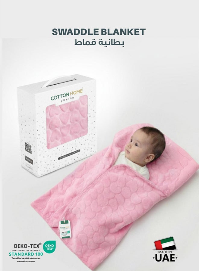 Cotton home بطانية سواتل قطنية للأطفال - ناعمة للغاية، خفيفة الوزن ومريحة مع قلوب بارزة، 90x80 سم وردي - Image 1