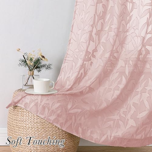 Lecloud Leia Clip Blush Pink Sheer Curtains 84 Inch Length 2 Panels, Jacquard Textured Leaf Light Filtering Voile Curtain for Girls Bedroom, Dual Rod Pockets Window Living Room Drapes, 38x84 Inch - Image 3