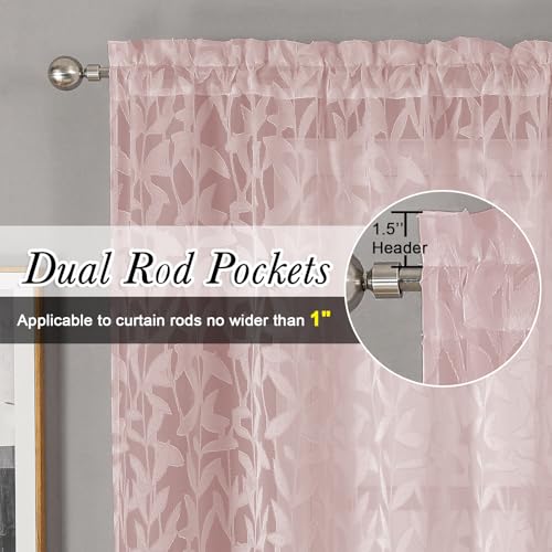 Lecloud Leia Clip Blush Pink Sheer Curtains 84 Inch Length 2 Panels, Jacquard Textured Leaf Light Filtering Voile Curtain for Girls Bedroom, Dual Rod Pockets Window Living Room Drapes, 38x84 Inch - Image 2