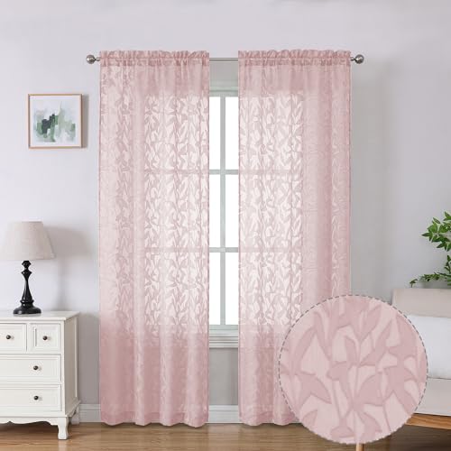 Lecloud Leia Clip Blush Pink Sheer Curtains 84 Inch Length 2 Panels, Jacquard Textured Leaf Light Filtering Voile Curtain for Girls Bedroom, Dual Rod Pockets Window Living Room Drapes, 38x84 Inch - Image 1