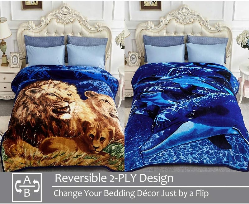 JYK Heavy Korean Faux Mink Fleece Blanket, 5 LB - 2 Ply Reversible 520GSM Silky Soft Plush Warm Blanket for Autumn Winter (Queen, Lion/Dolphin) - Image 3