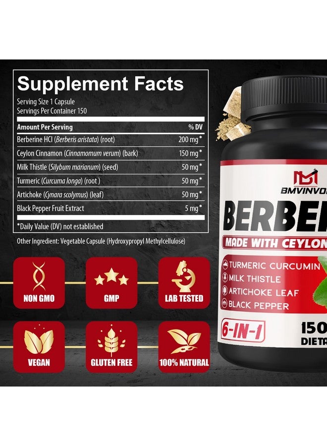 BMVINVOL Berberine HCl, 150 Capsules - Plus Ceylon Cinnamon, Turmeric, Milk Thistle, Artichoke, Black Pepper, Berberine HCI Root Supplements Pills - Immune System - Image 2