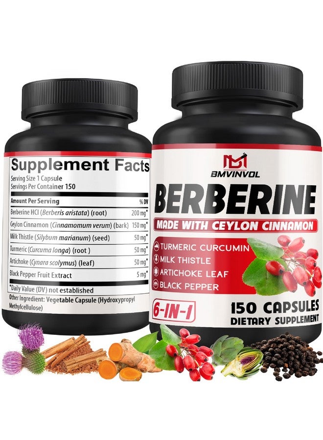 BMVINVOL Berberine HCl, 150 Capsules - Plus Ceylon Cinnamon, Turmeric, Milk Thistle, Artichoke, Black Pepper, Berberine HCI Root Supplements Pills - Immune System - Image 1