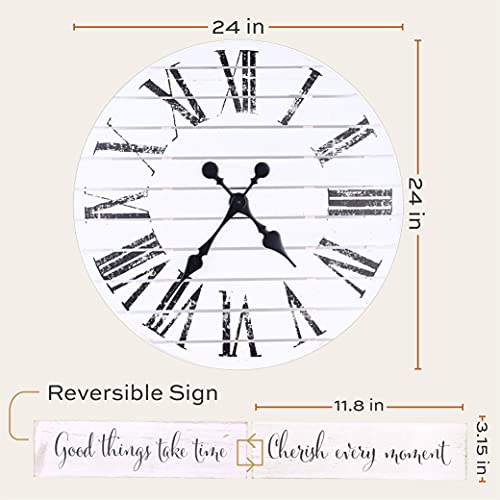 ALBEN Large Farmhouse Wall Clock - 24 inch Round Shiplap Farmhouse Style Clock Bundled with Decorative Reversible Wooden Sign - Image 5