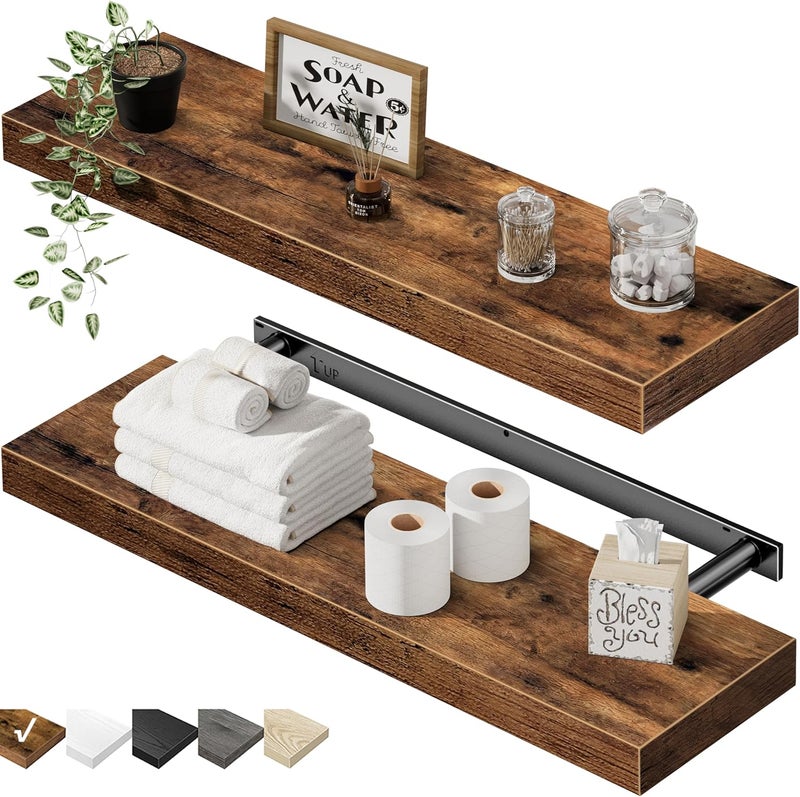 QEEIG Floating Shelves Wall Shelf 24 inches Long Bathroom Bedroom Kitchen Living Room Mounted Shelve Set of 2 Farmhouse Shelfs 9.3" D x 23.6" W, Rustic Brown (008-60BN) - Image 1