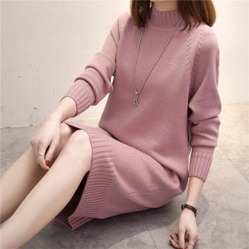 Womens sweater 2020 autumn and winter New loose outer wear western style long popular half turtleneck thickened base 243 pink - Image 1