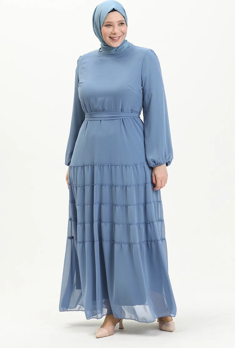 Sefa Merve Pleated Evening Dress 5712-02 Indigo