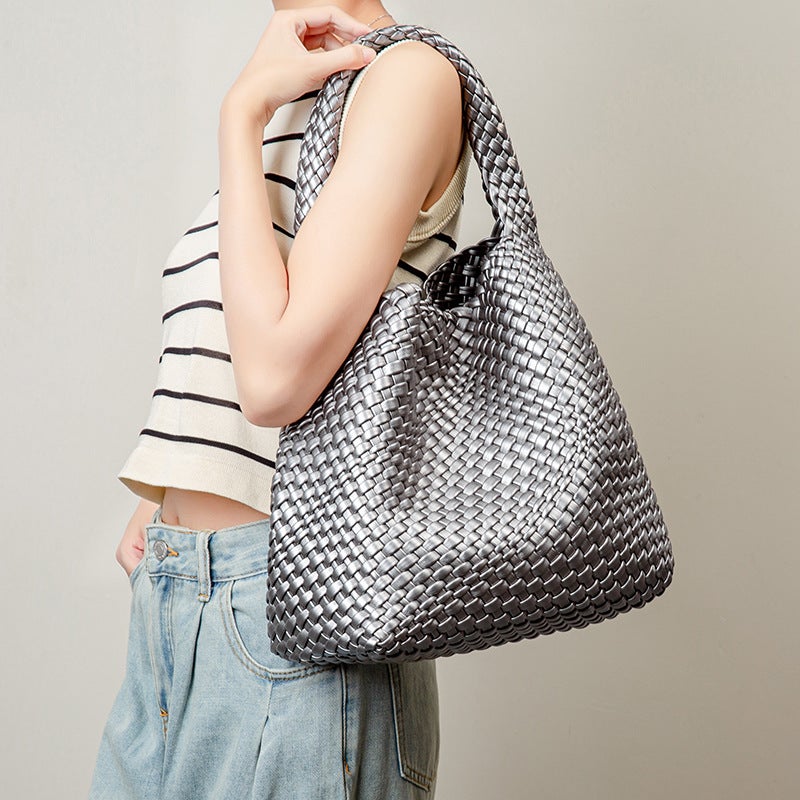 New Hand-Woven Large Capacity Pu Leather Women'S Bag Casual Portable Underarm Shoulder Bag - Image 2