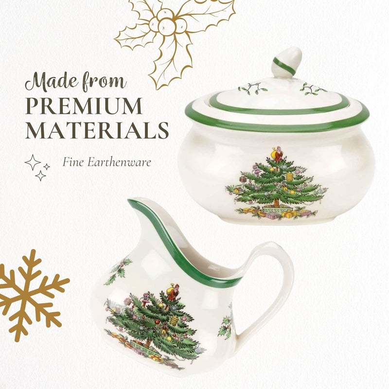Spode Christmas Tree Sugar & Creamer Set - 16oz Sugar Bowl with Lid & 8oz Creamer - Fine Earthenware Holiday Tea & Coffee Serving Set - Dishwasher Safe Festive Tableware - Image 4