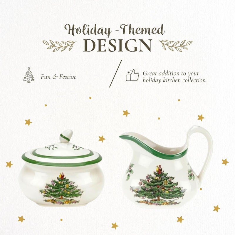 Spode Christmas Tree Sugar & Creamer Set - 16oz Sugar Bowl with Lid & 8oz Creamer - Fine Earthenware Holiday Tea & Coffee Serving Set - Dishwasher Safe Festive Tableware - Image 3