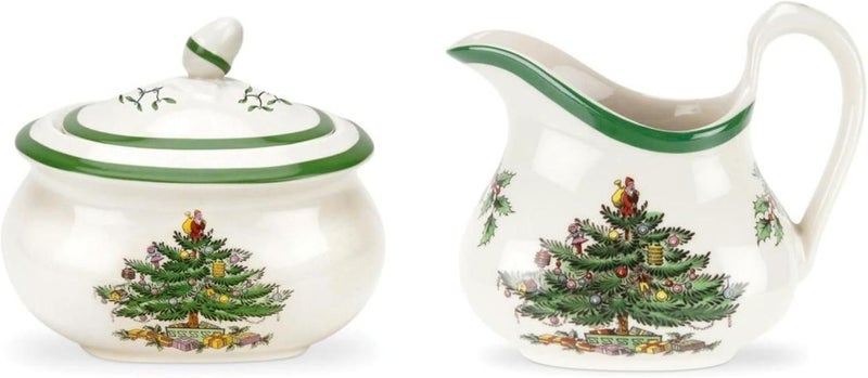Spode Christmas Tree Sugar & Creamer Set - 16oz Sugar Bowl with Lid & 8oz Creamer - Fine Earthenware Holiday Tea & Coffee Serving Set - Dishwasher Safe Festive Tableware - Image 1