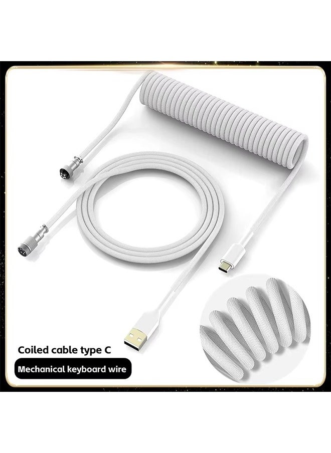 Detachable Mechanical Gaming Keyboard Wire Data Cable,with Spring Extension and Type C to USB A Mix 1.5M for Gaming Keyboard and Cellphone, White