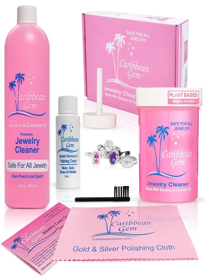 Caribbean Gem Jewelry Cleaner 16oz & 8oz, Basket, Brush, Polishing Cream & Polishing Cloth - Jewelry Cleaning Kit for All Gold, Silver, Diamonds, Rings, Necklaces, Gems, Precious Stones & Metals - Image 1