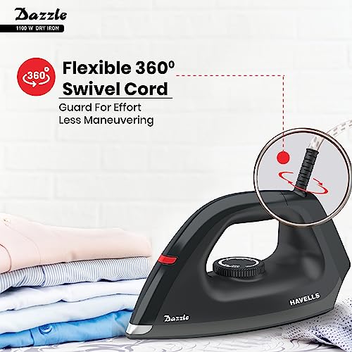 Havells Dry Iron Dazzle 1100 Watts, Iron Press, Greblon Non Sick Soleplate with German Technology| Shock Proof Body| Aerodynamic Design, 360° Swivel Cord|2 Years Door Step Warranty by Havells (Black) - Image 4