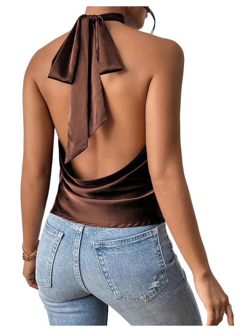 MakeMeChic Women's Satin Silk Backless Halter Tops High Neck Sleeveless Camisole Summer Classy Going Out Top Brown Small - Image 1