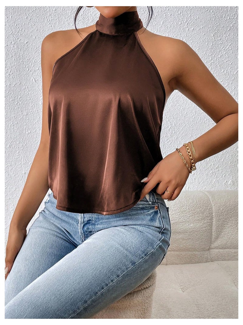 MakeMeChic Women's Satin Silk Backless Halter Tops High Neck Sleeveless Camisole Summer Classy Going Out Top Brown Small - Image 5