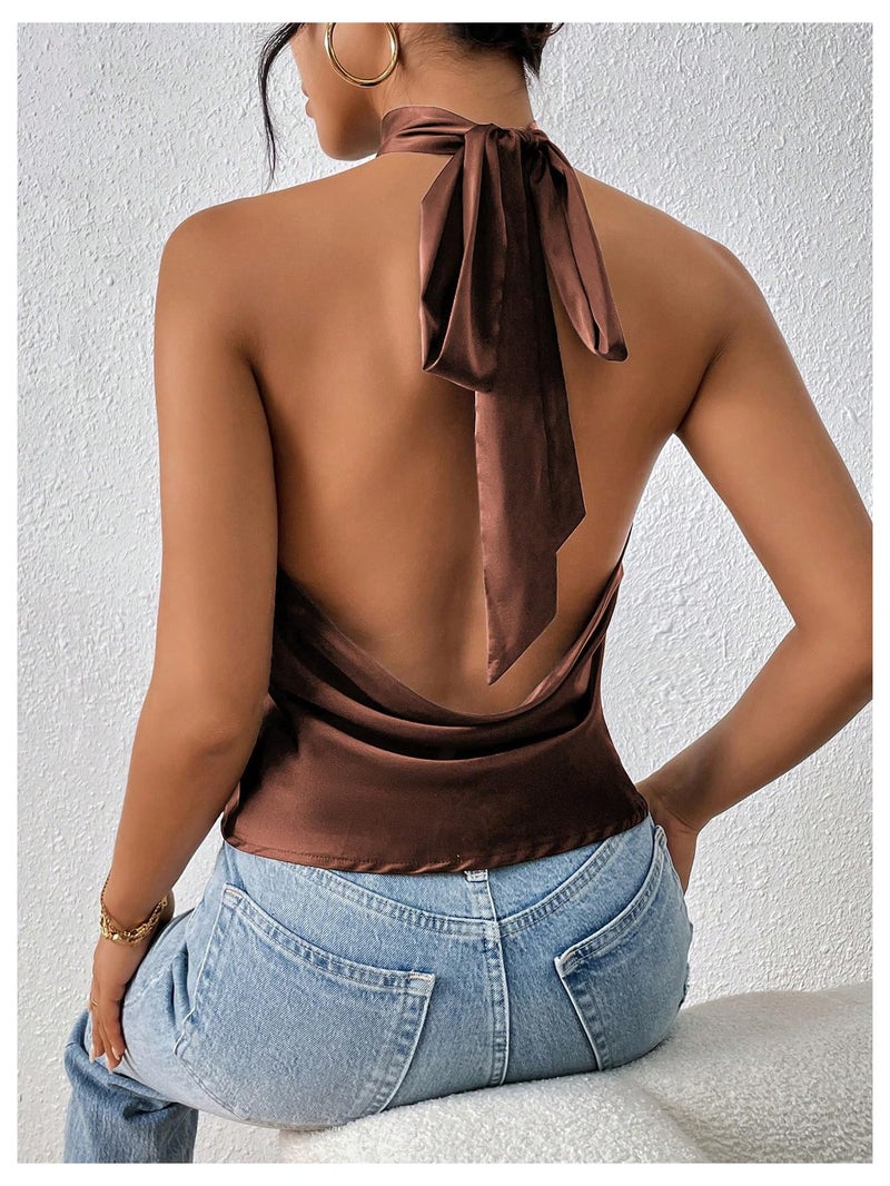 MakeMeChic Women's Satin Silk Backless Halter Tops High Neck Sleeveless Camisole Summer Classy Going Out Top Brown Small - Image 2