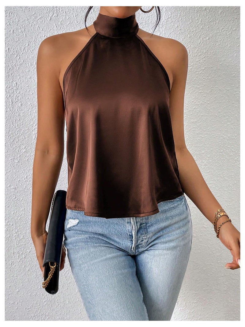 MakeMeChic Women's Satin Silk Backless Halter Tops High Neck Sleeveless Camisole Summer Classy Going Out Top Brown Small - Image 3