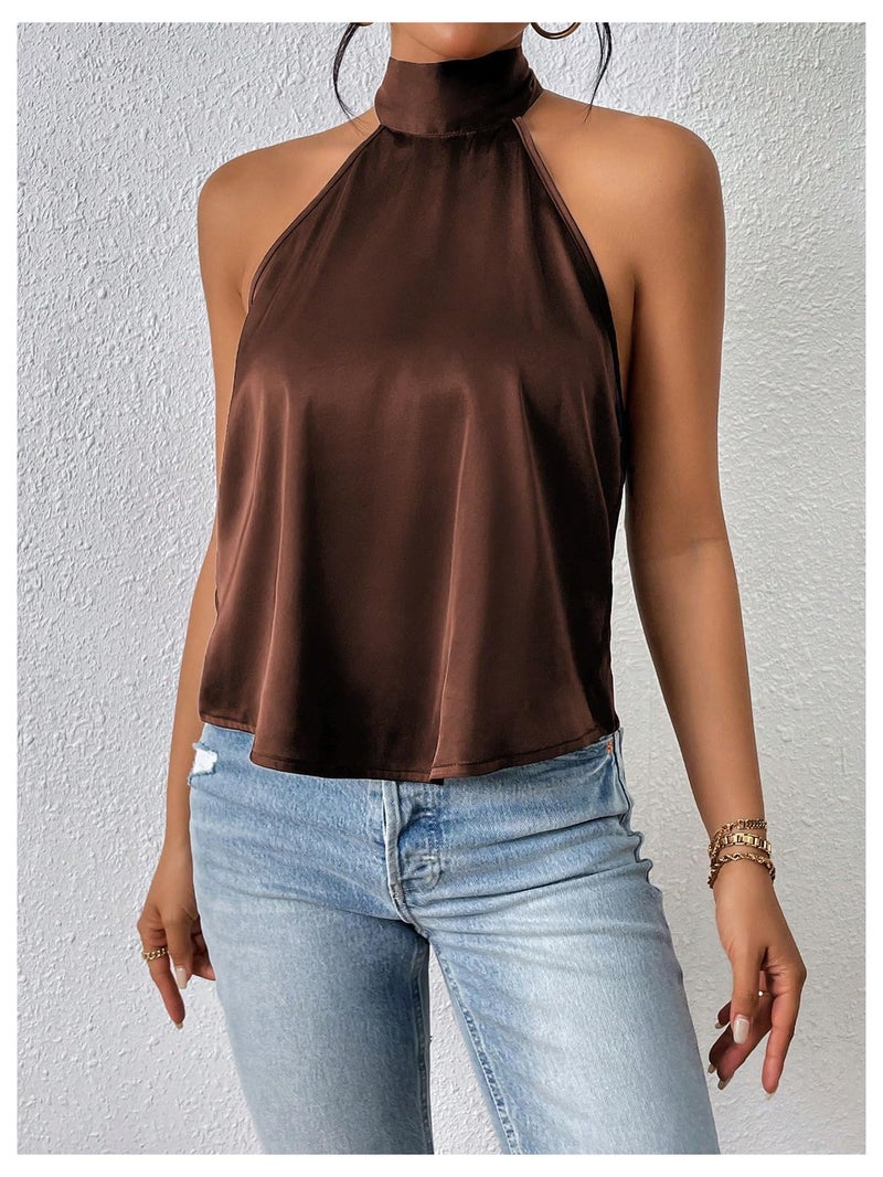 MakeMeChic Women's Satin Silk Backless Halter Tops High Neck Sleeveless Camisole Summer Classy Going Out Top Brown Small - Image 4