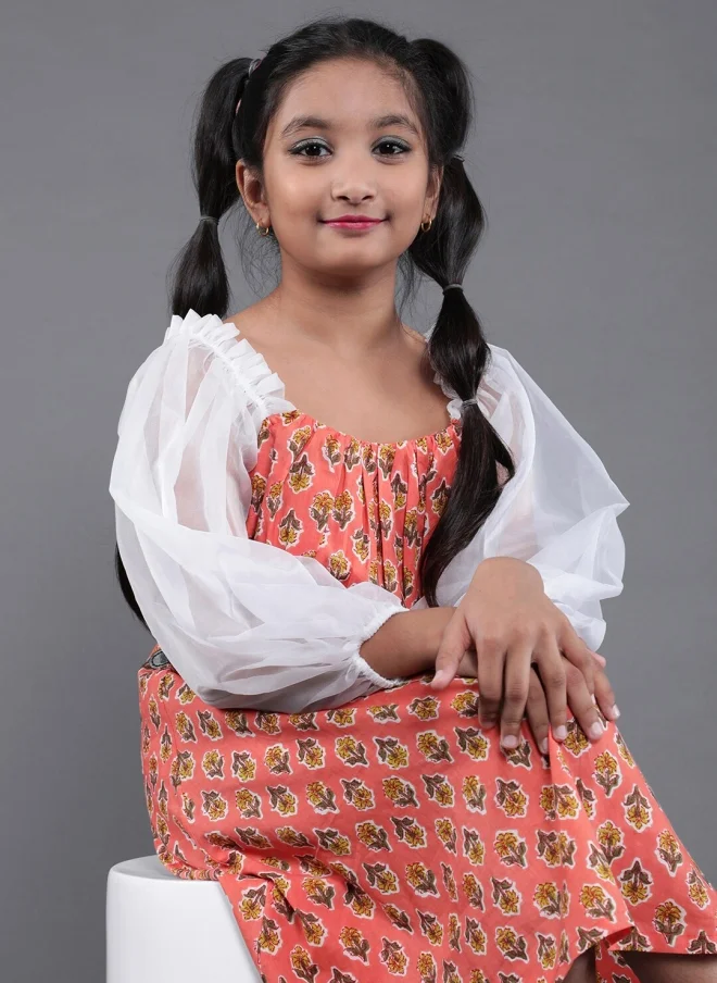 AKS Peach Floral A-Line Dress for Girls