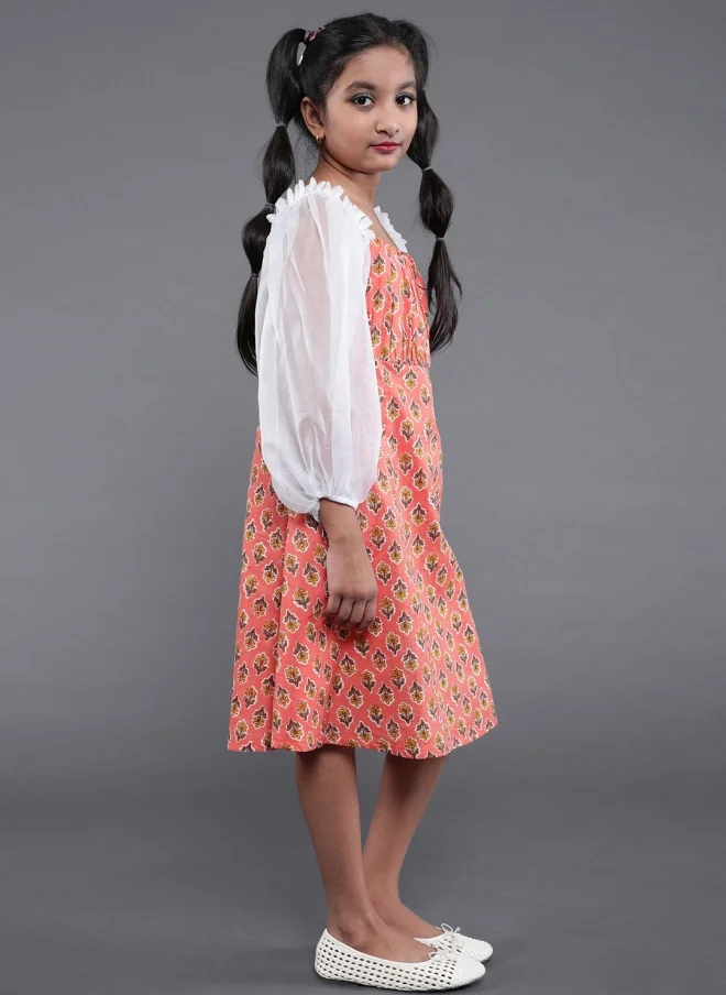 AKS Peach Floral A-Line Dress for Girls