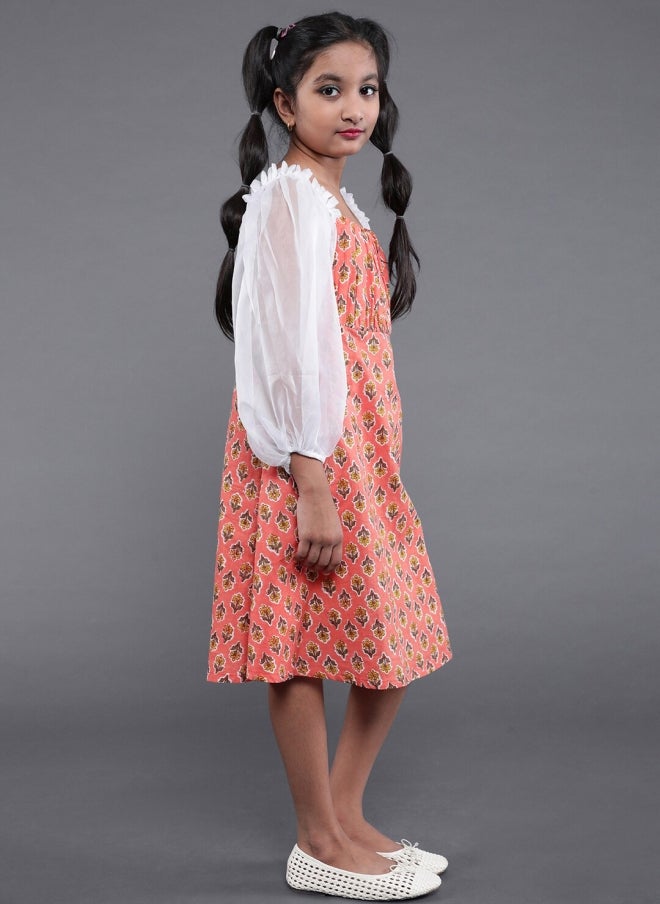 AKS Peach Floral A-Line Dress for Girls - Image 3