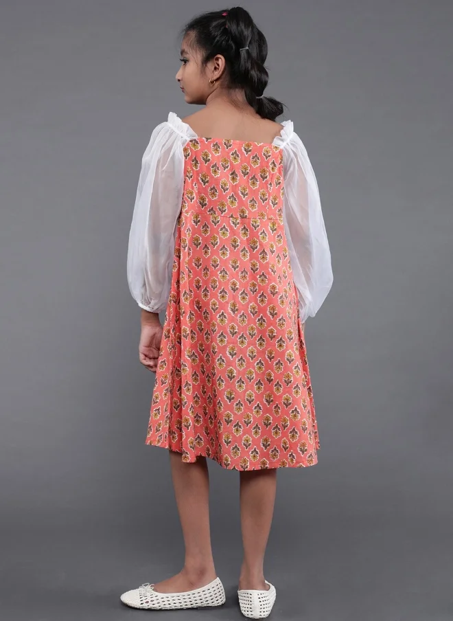 AKS Peach Floral A-Line Dress for Girls